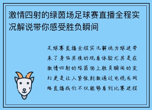 激情四射的绿茵场足球赛直播全程实况解说带你感受胜负瞬间
